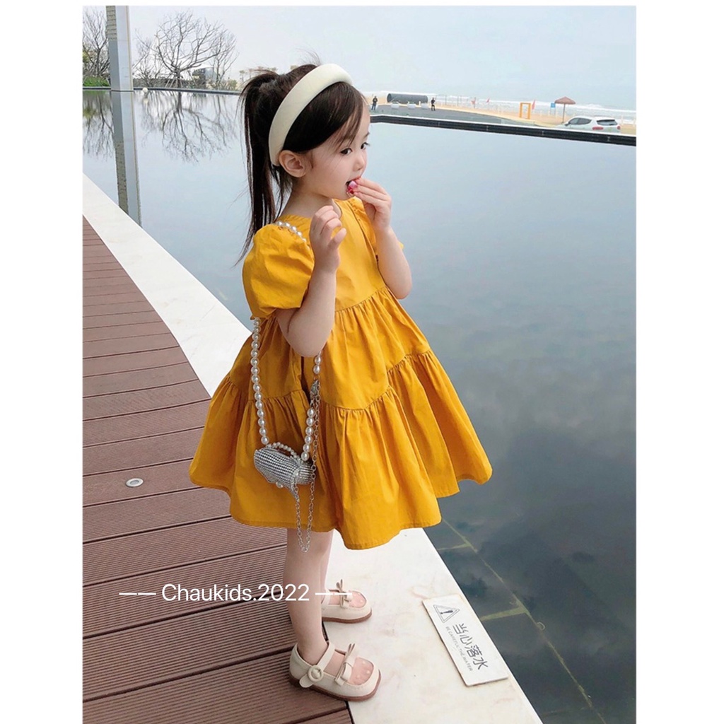 Váy xòe tầng bé gái, cặp váy thô tay bồng giả 3 tầng màu vàng cam- xanh cốm siêu hot cho bé