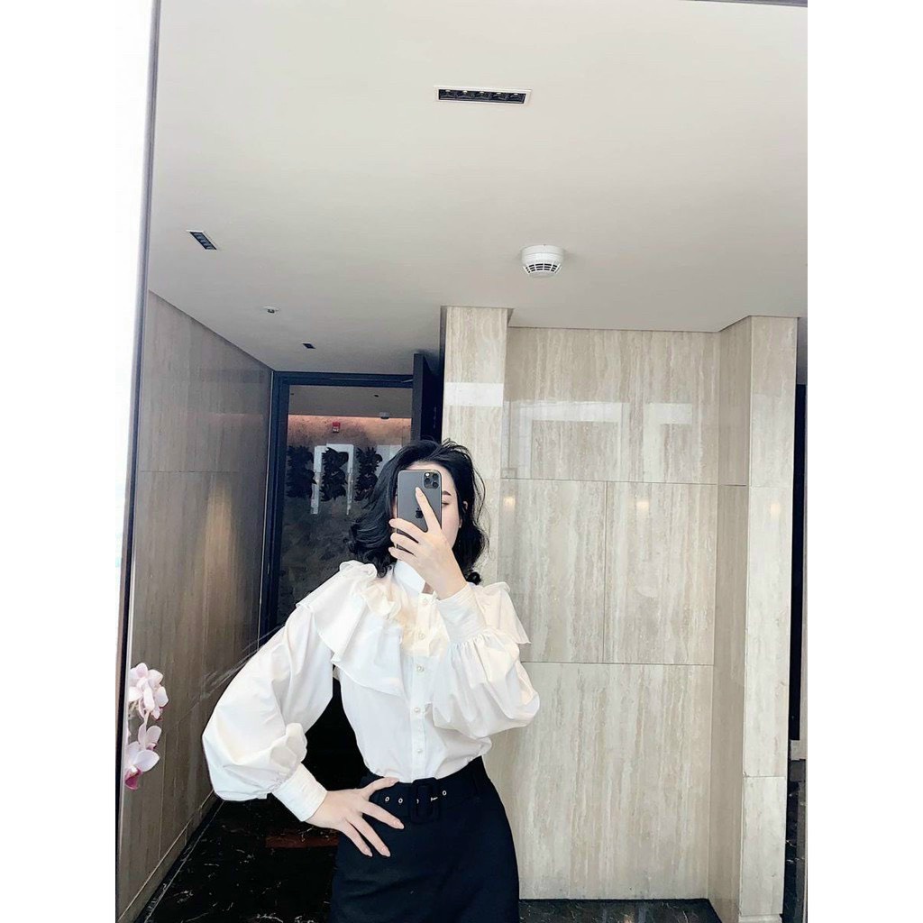 Áo Sơ mi cổ trụ phối bèo tầng tay bồng dáng thụng cá tính tiểu thư sang chảnh cổng sở bánh bèo