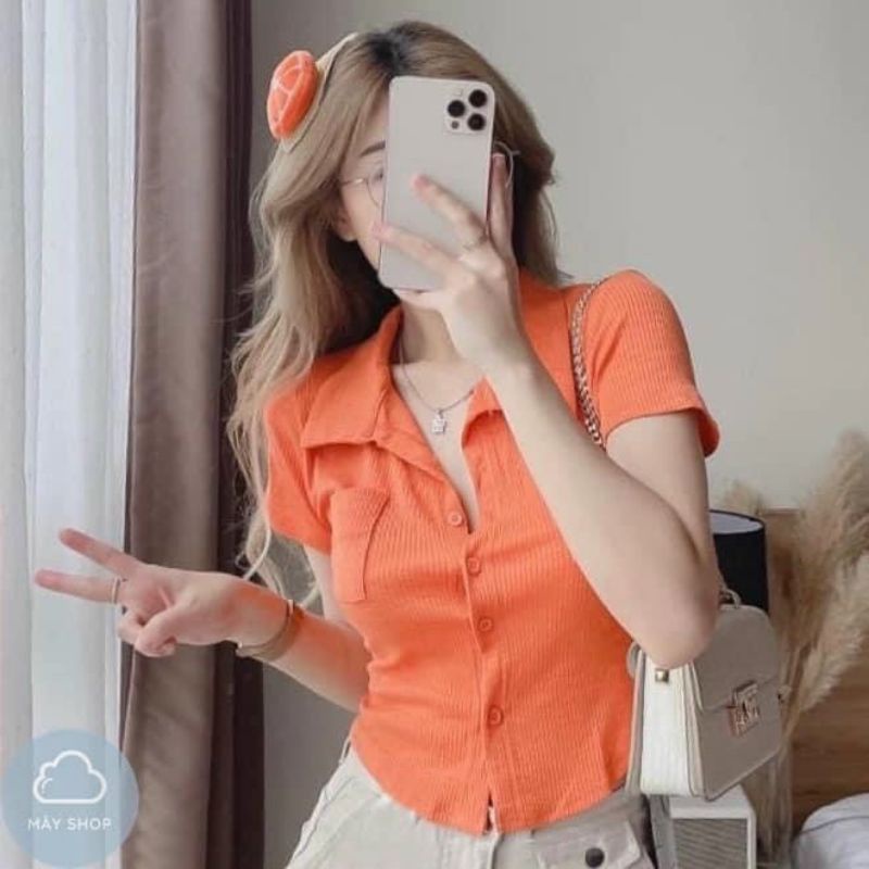 Áo sơ mi cổ bẻ tay ngắn phối 2 túi vải THUN Co giãn A15