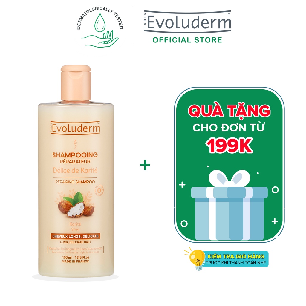 Dầu gội dành cho tóc dài và yếu dễ gãy rụng Evoluderm Shampoing Réparateur Délice de Karité 400ml