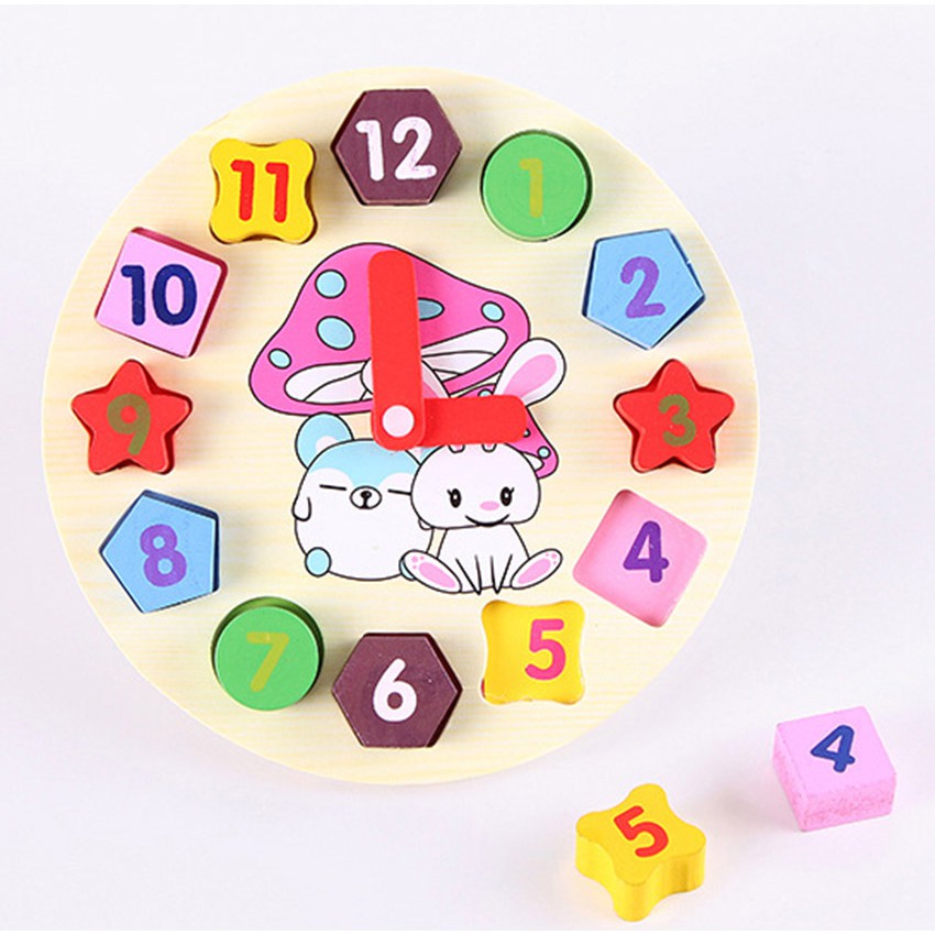 Đồng hồ Gỗ xếp hình học cho bé học đếm giờ phân biệt màu sắc hình khối - Mina Shop- dochoigo001 002 - Baby Toys