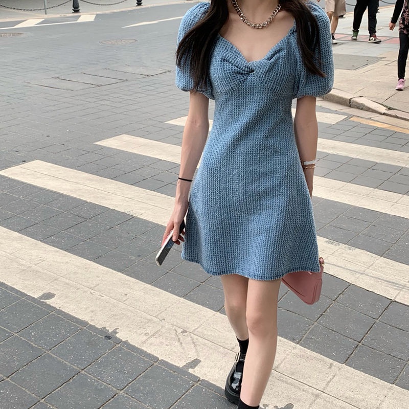 Đầm denim tay phồng cổ chữ v thời trang xinh xắn cho nữ