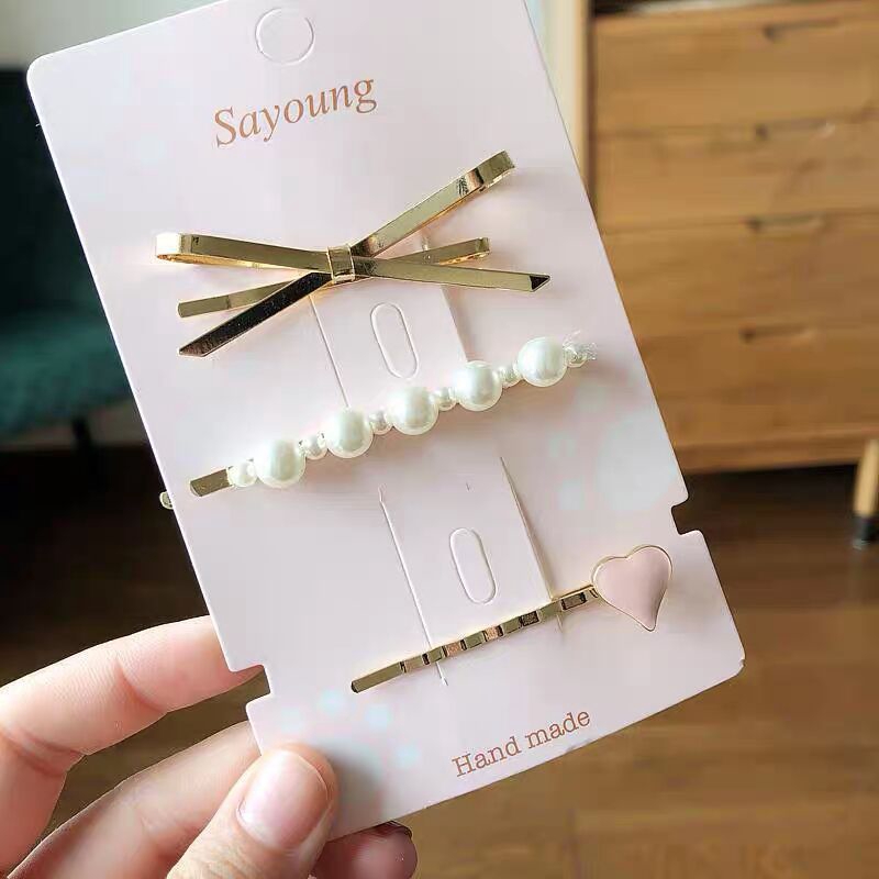 Set kẹp tóc hình trái tim đính nơ/ngọc trai/ trái tim màu hồng dễ thương phong cách Hàn Quốc cho nữ