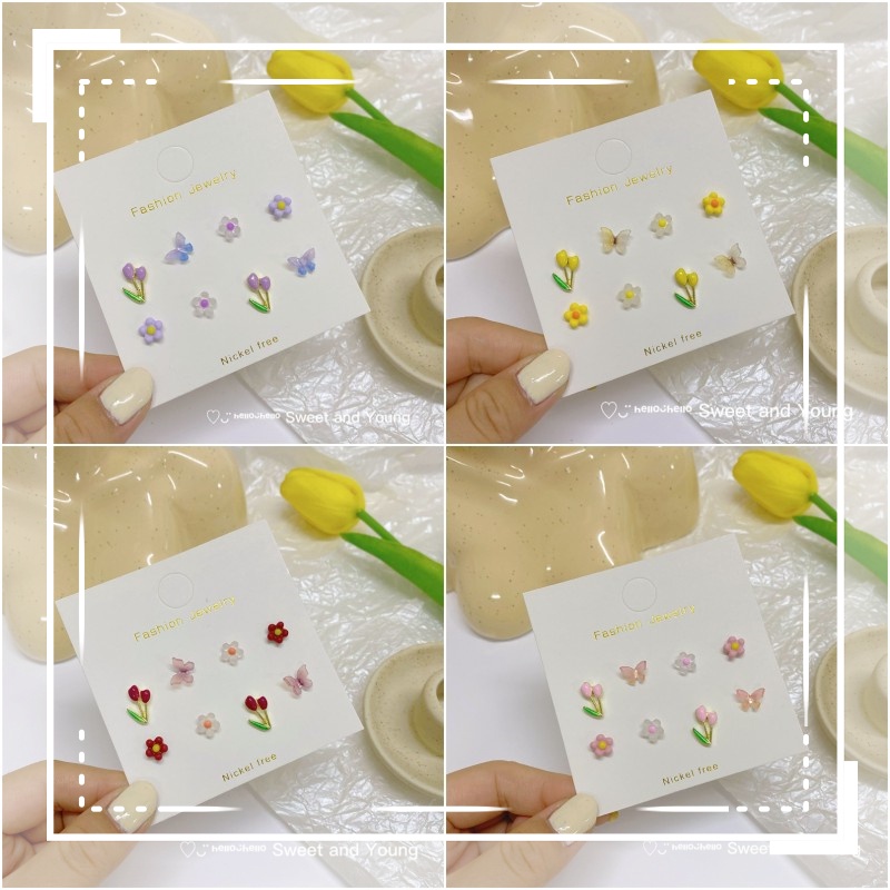 Set 4 Đôi Khuyên Tai Hình Hoa Tulip / Bướm / Hoa Tulip Thời Trang Hàn Quốc Cho Nữ