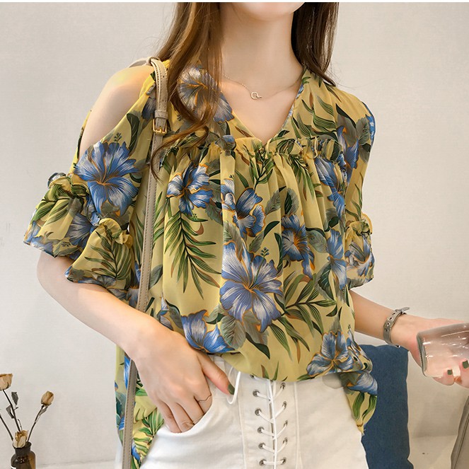 Áo kiểu SUXI chiffon thiết kế hở vai họa tiết hoa quyến rũ thời trang cho nữ