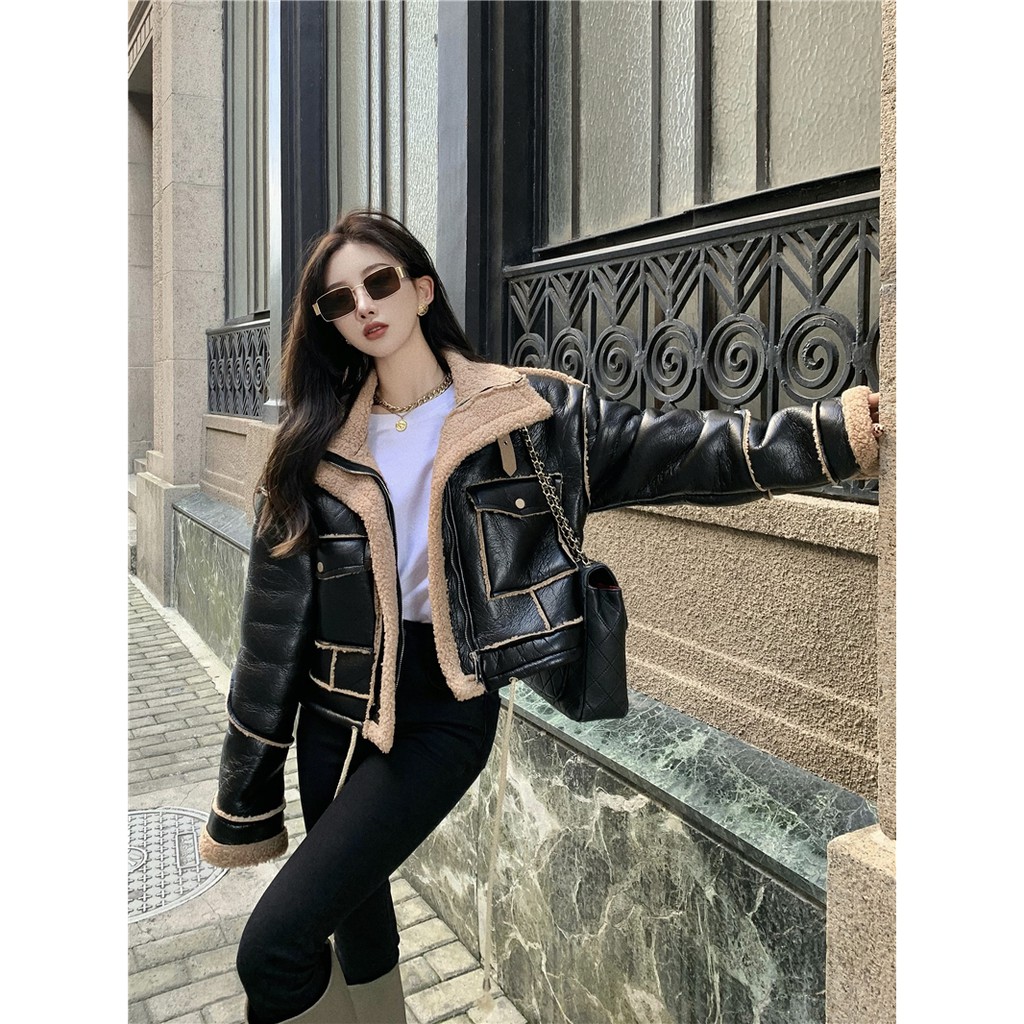 Áo khoác da phối lông hàng Quảng Châu cao cấp thu đông khí chất đầu xu hướng 2021