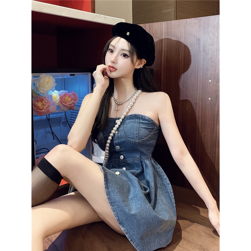 Đầm Denim Sát Nách Hở Vai Thời Trang Mùa Hè Quyến Rũ Cho Nữ