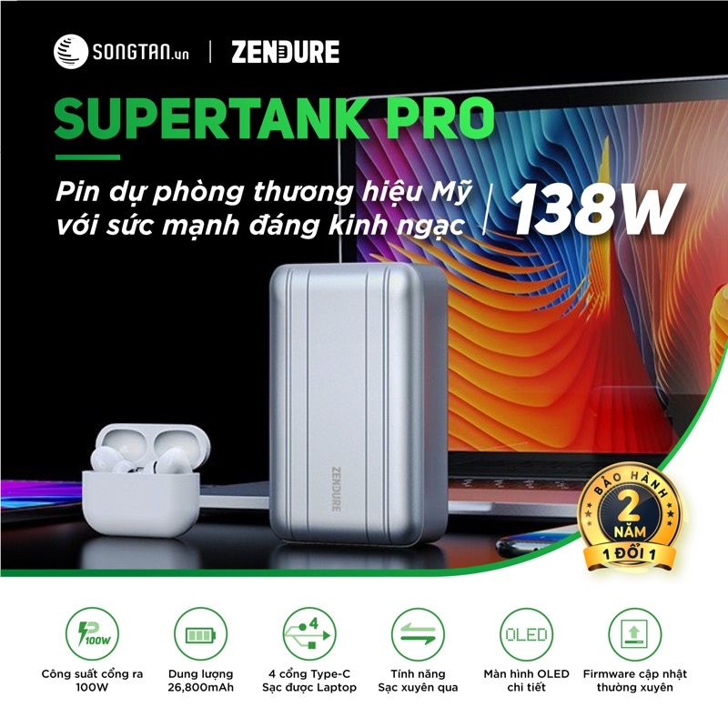 Pin sạc dự phòng ZENDURE SuperTank Pro ZDG2STP 26800mAh 138W PD/PPS 100W, Màn hình Led thể hiện công suất sạc và dung pi