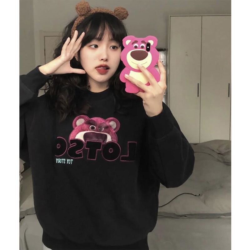 Jiashucheng Flow Áo Sweatshirt Mỏng Cổ Tròn Dáng Rộng Thêu Hình Gấu Phong Cách Mới Xuân Thu Cho Nữ