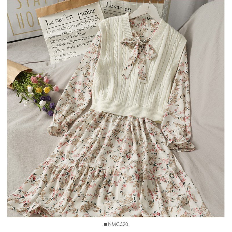 Set váy hoa + áo gile len freesize