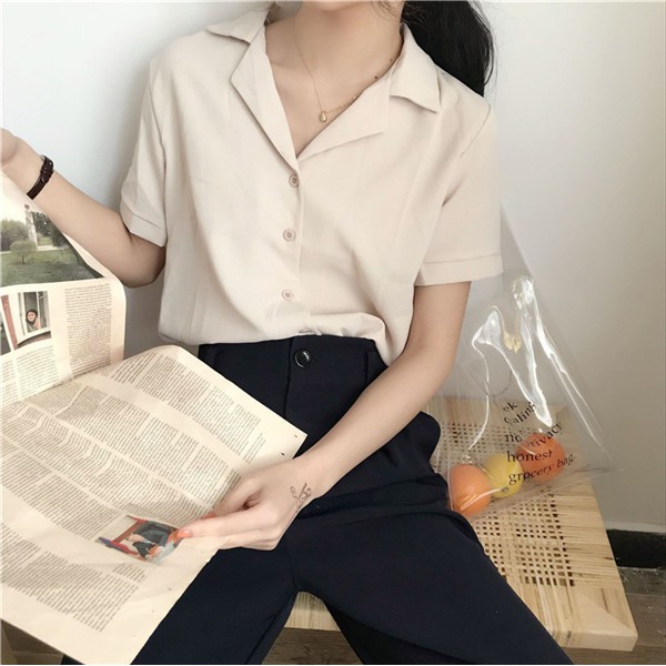 Áo Sơ Mi Chiffon Tay Ngắn Dáng Ôm Kiểu Vintage Hàn Quốc Thời Trang Mùa Hè Cho Nữ