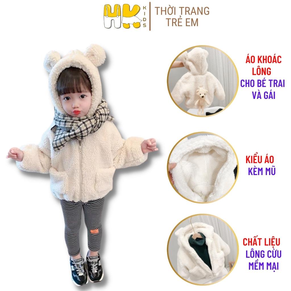 Áo khoác lông cừu có mũ cho bé từ 1 đến 8 tuổi, áo lông kèm thú bông xinh xắn cho bé trai và gái - HK KIDS