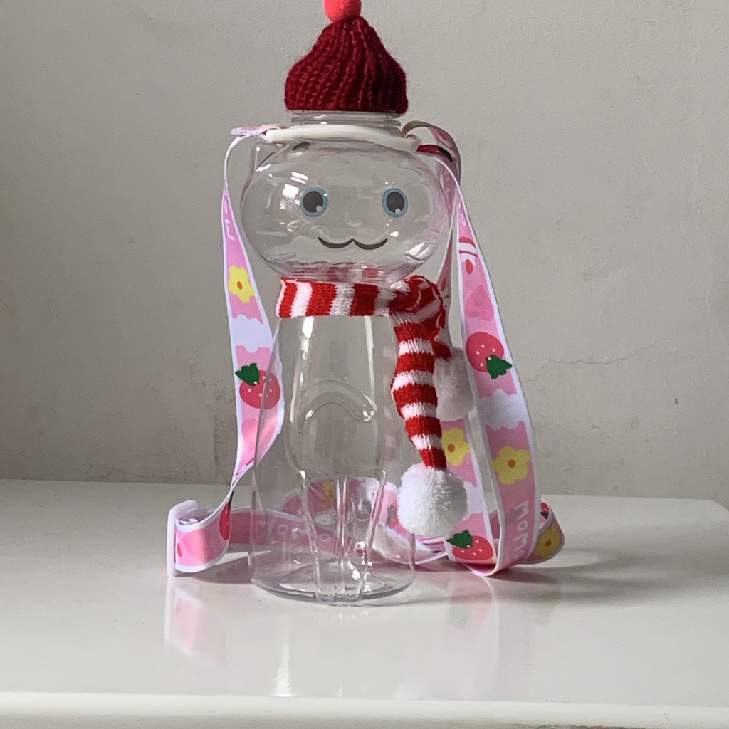 Chai nhựa PET 500ml Hình con mèo có dán stickers , phụ kiện nón len,khăn choàng ,dây đeo