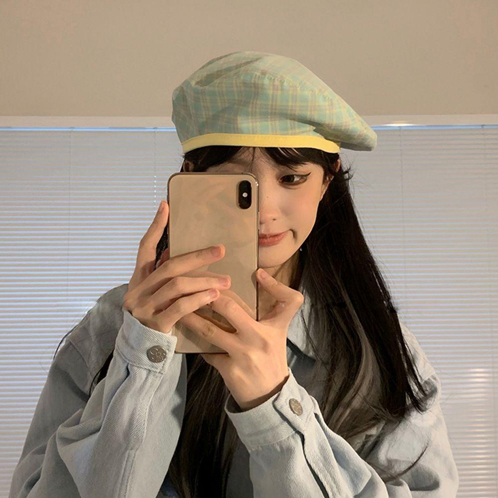 Mũ Beret Hai Mặt Chất Liệu Polyester Cotton Họa Tiết Sọc Caro Phong Cách Hàn Quốc Thời Trang Cho Học Sinh