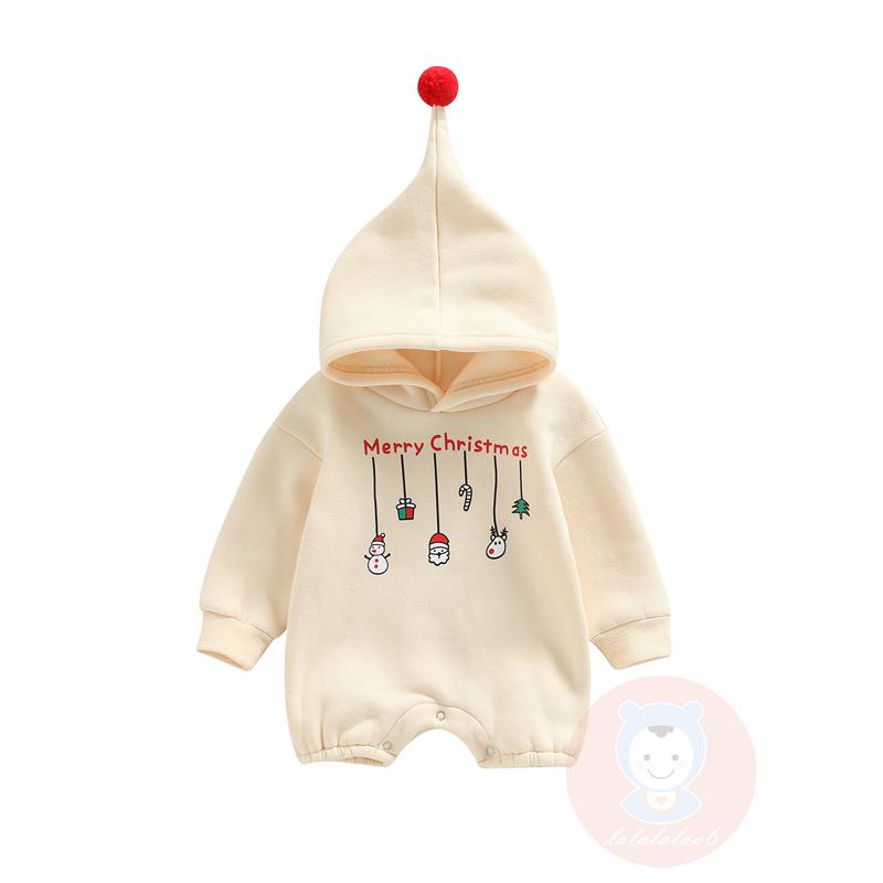 Bộ Áo Liền Quần Có Mũ Trùm Dài Tay In Chữ Giáng Sinh Cho Bé Trai Bé Gái LAA6