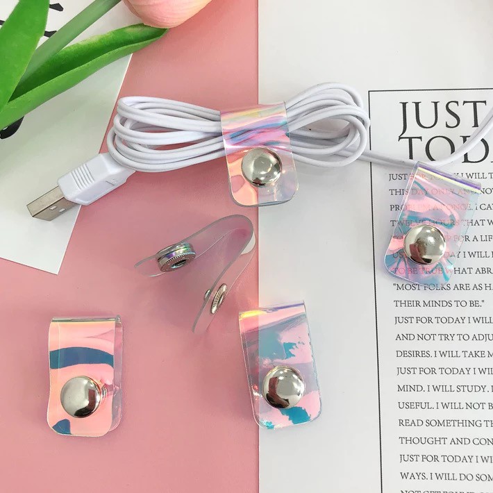 Dây Quấn Cáp Sạc/Tai Nghe Màu Laser Có Khóa Nút Hình Hoa/Trái Tim Cho Nữ