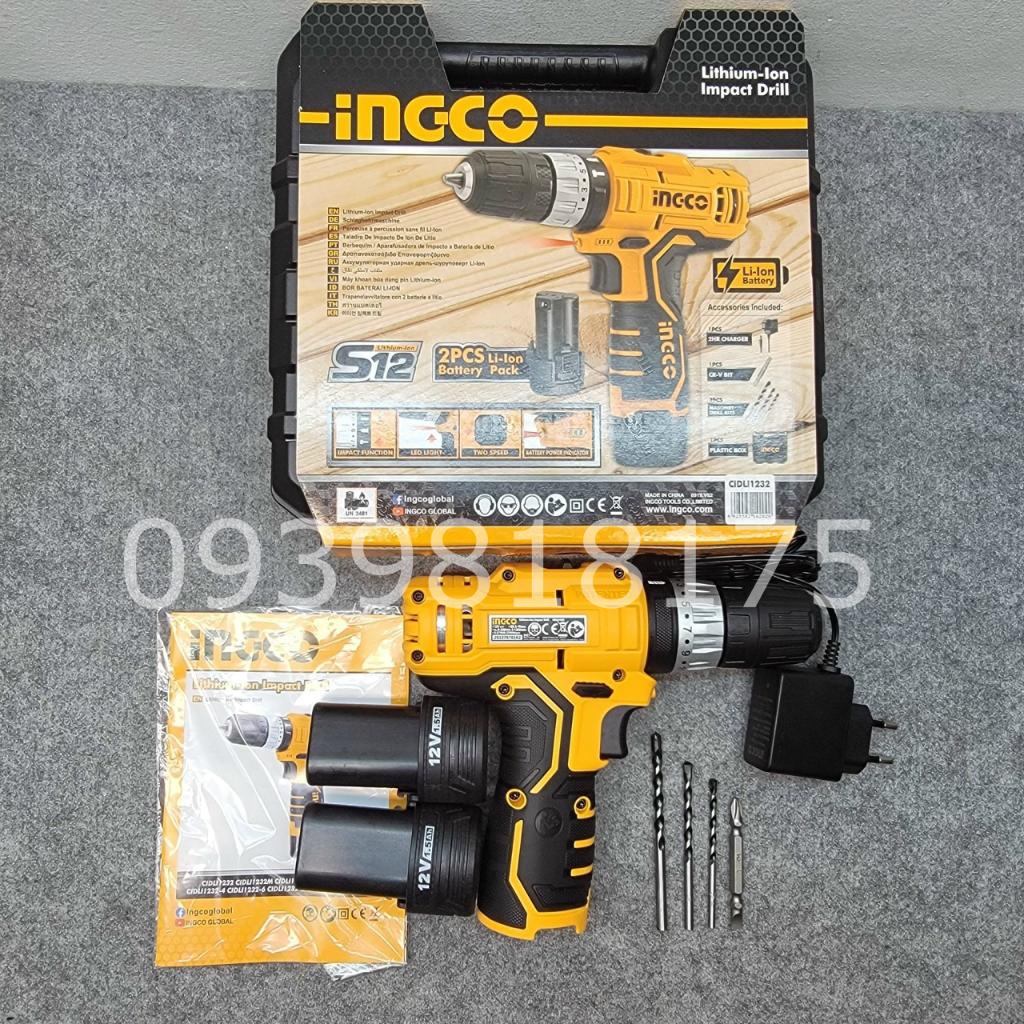 Máy khoan búa dùng pin INGCO CIDLI1232 | máy khoan siết vít 12V, Tốc độ không tải 0-350/0-1350/phút, Lực siết tối đa 20N