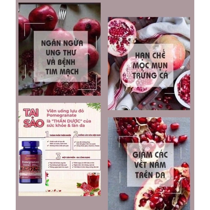 Viên Uống Chống Nắng, Mờ Nám, Đẹp Da Hạt Lựu Pomegranate Extract 250mg Puritan's Pride