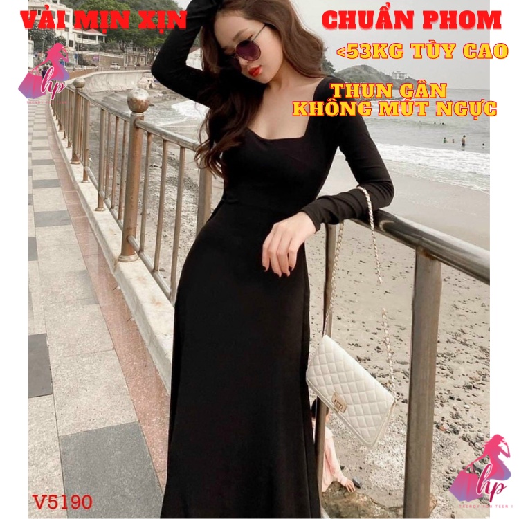 Váy đầm maxi dài nữ ôm body dáng xòe cổ vuông tay dài thun gân xịn thời trang dự tiệc sexy phong cách hàn -VD210