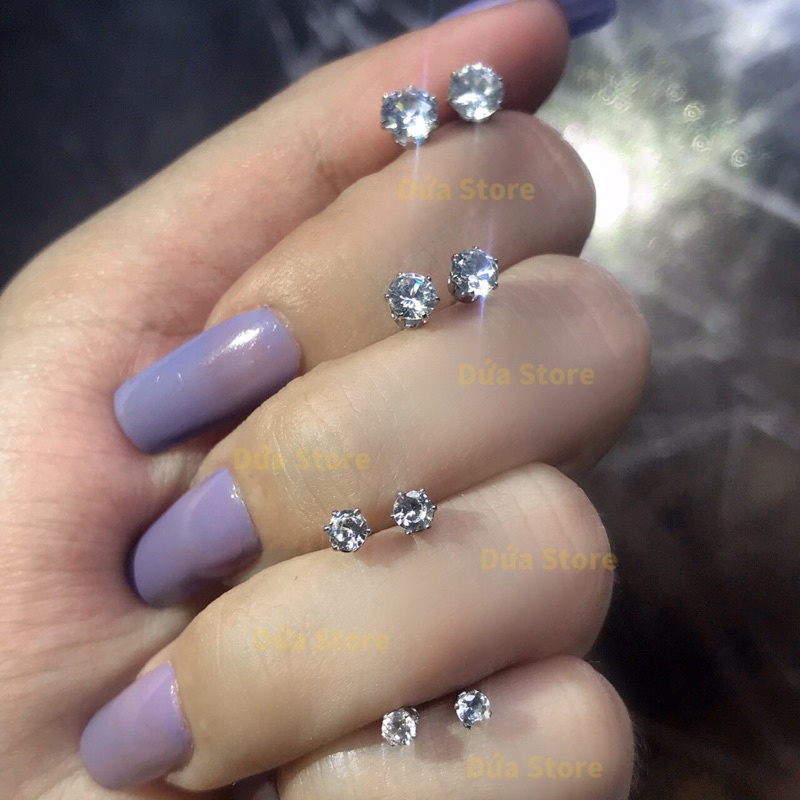 Khuyên tai đính đá CZ tròn nhiều kích cỡ thép titan không gỉ phong cách châu âu unisex
