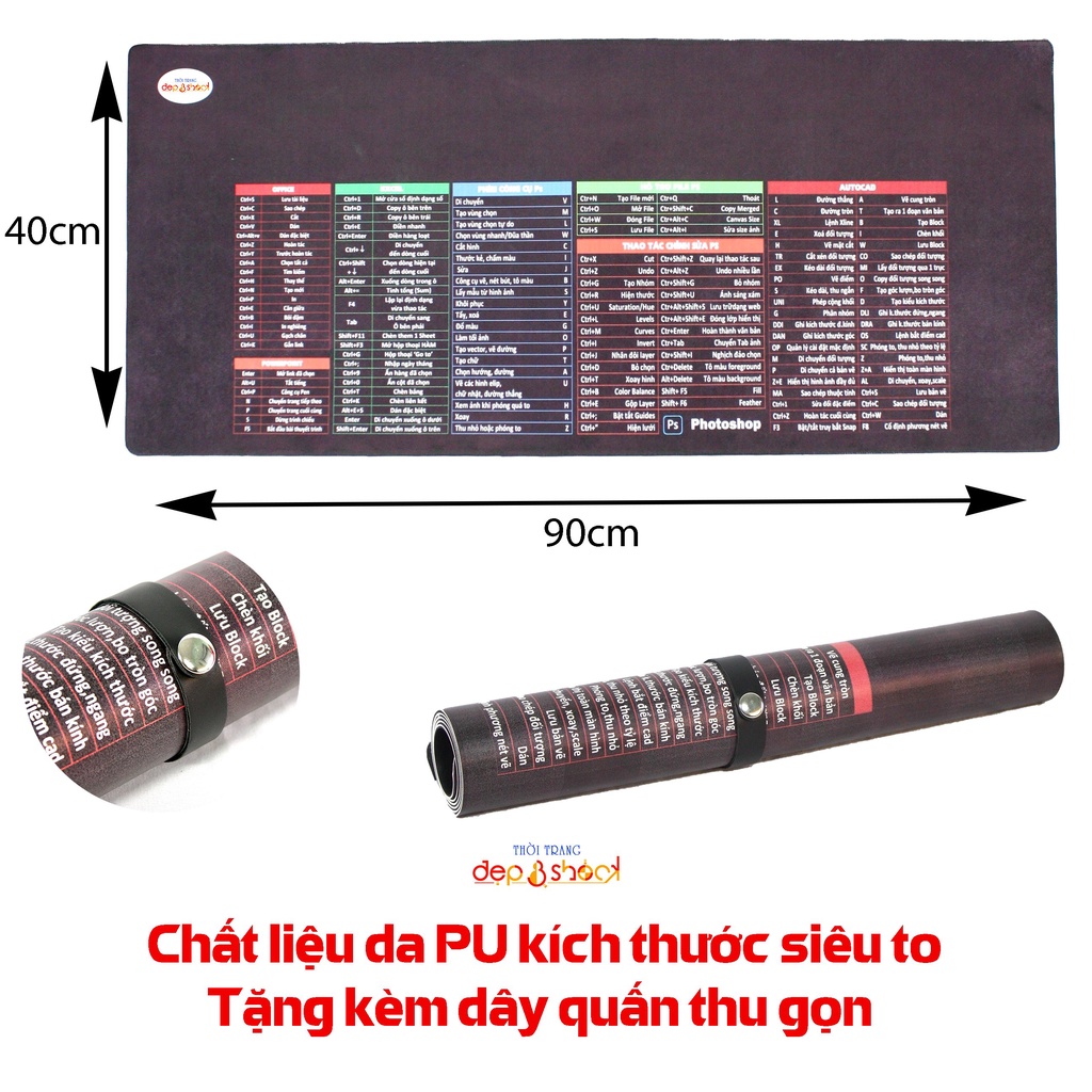 Lót Chuột Phím Tắt Văn Phòng,Da PU 40x90 Chống nước, Bắt chuột nhạy. Êm tay.