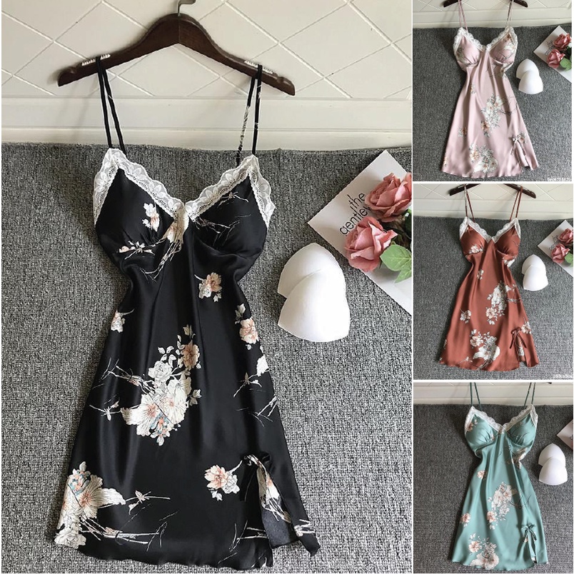 [Mã SKAMFSW175 giảm 10K đơn 50K] Đầm Ngủ Hai Dây In Hoa Chất Lụa Cao Cấp Amaka DAMAD35AMK