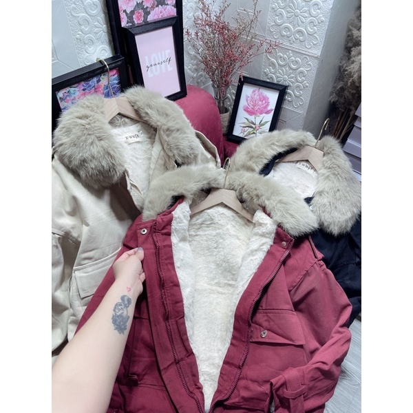 Áo khoác kaki lót lông túi hộp cổ lông