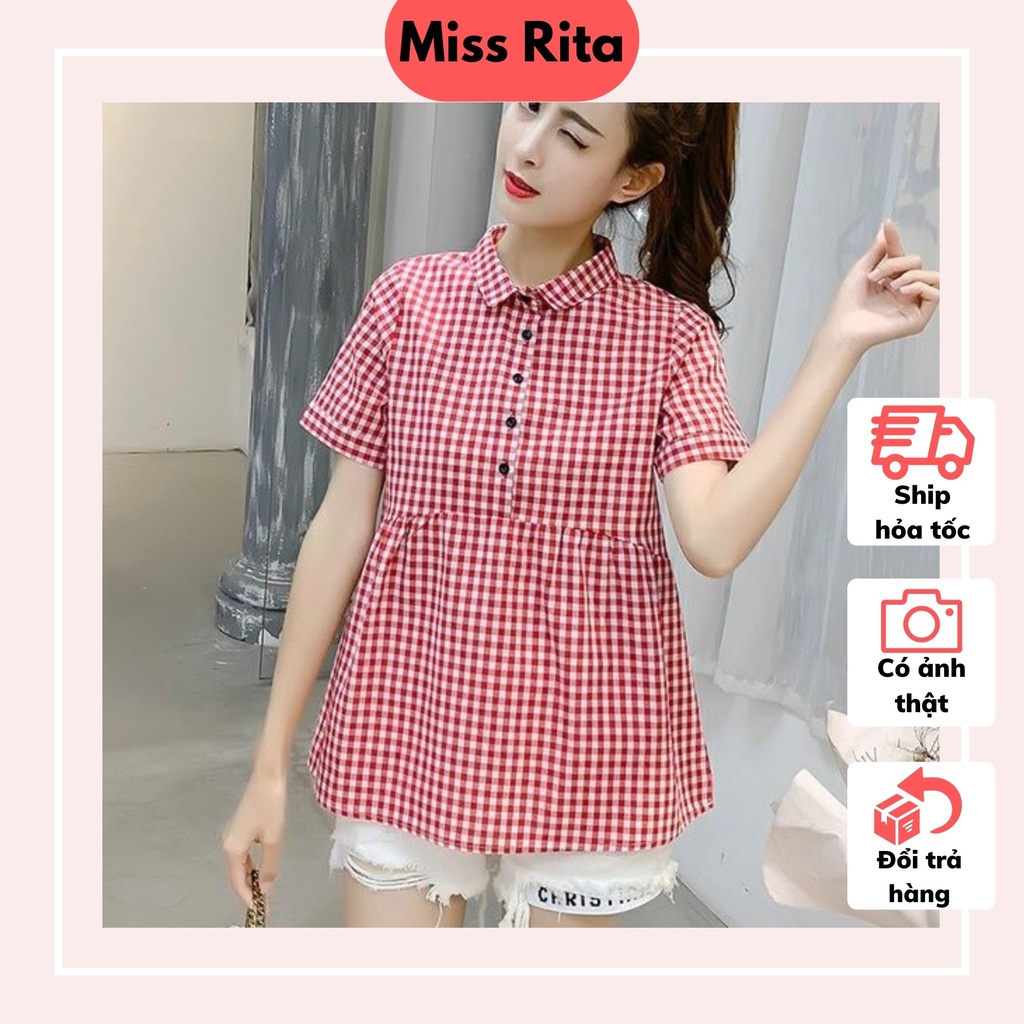 Áo bầu công sở bigsize thiết kế MISS RITA Áo bầu mùa hè kẻ caro cổ đức tay cộc thiết kế bởi Miss Rita