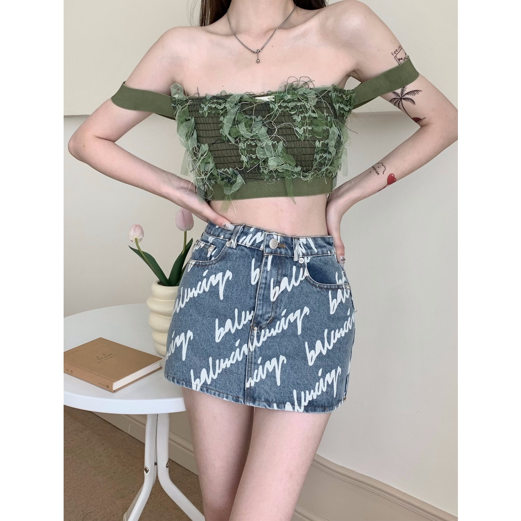 Porozi  Trang phục  chân váy jean dáng chữ A lưng cao/ áo ống thời trang Hàn Quốc dành cho nữ