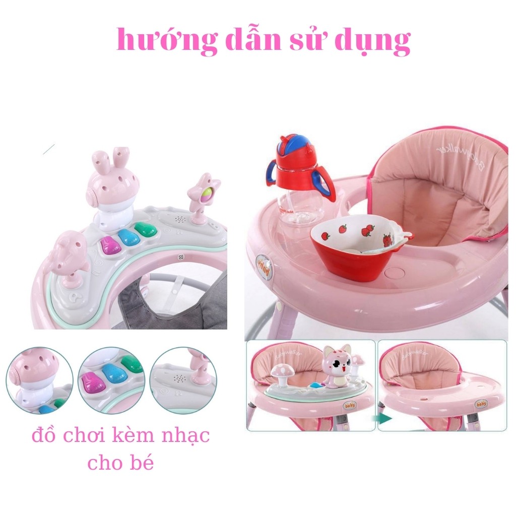 Xe tròn tập đi cho bé  baby walk - xe dụng cụ tập đi có cán đẩy điều chỉnh cao thấp có nhạc,đèn