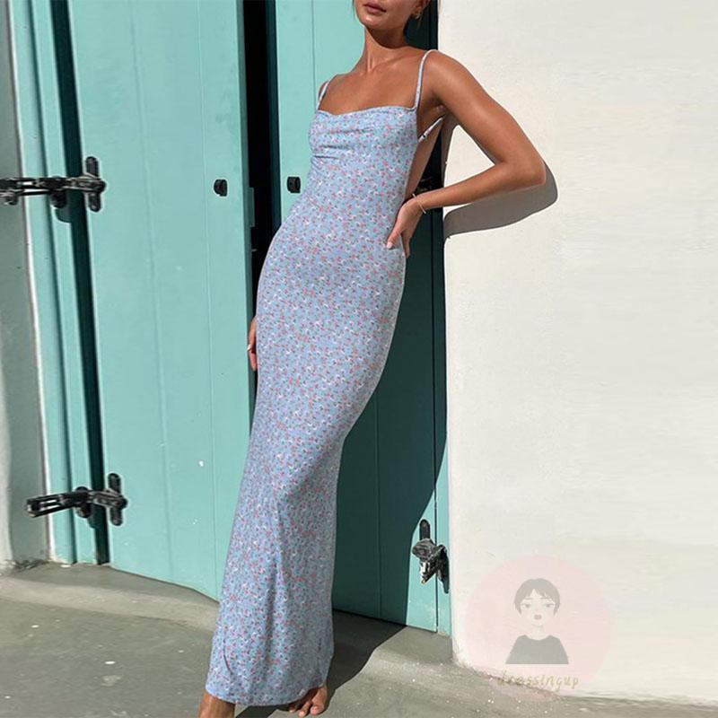 Đầm Dài Không Tay Hở Lưng Khoét Sâu In Họa Tiết Hoa Cho Nữ