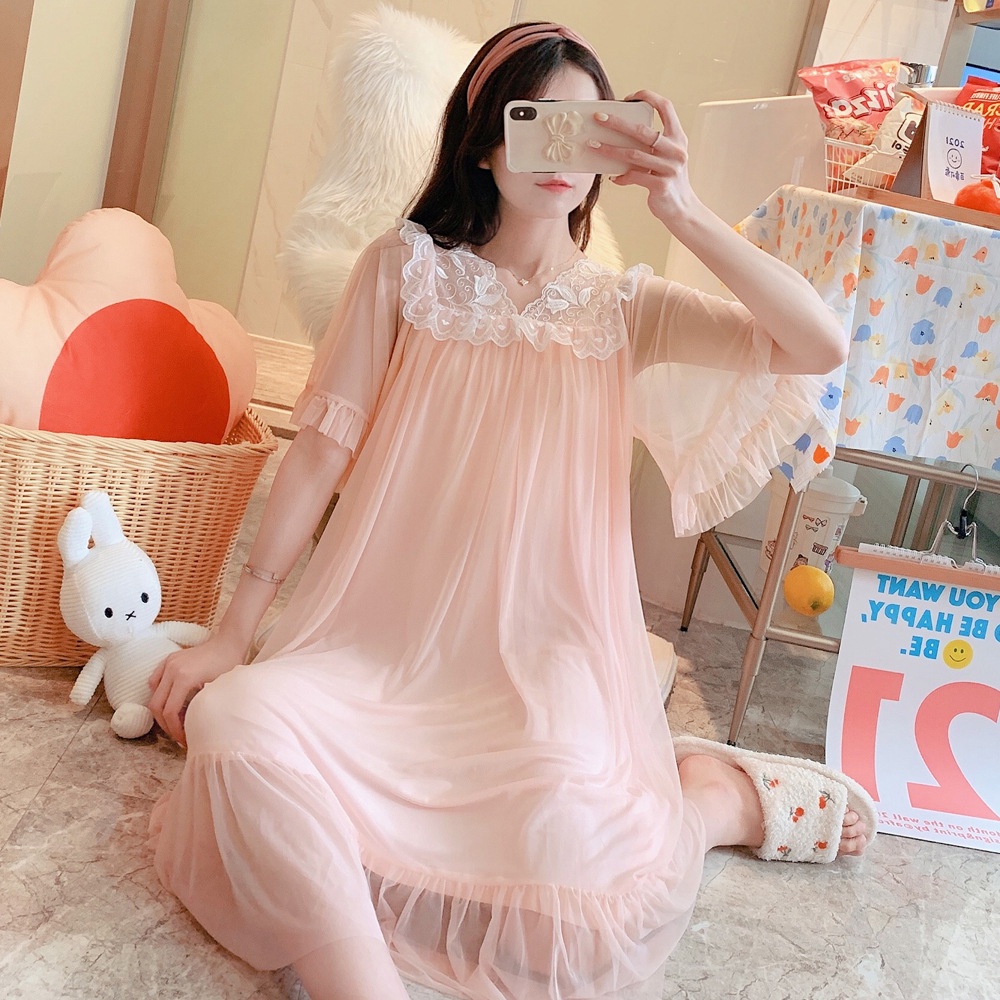 Đầm Ngủ Tay Ngắn Phối Ren Lưới Màu Hồng Phong Cách Nhật Bản Cho Nữ