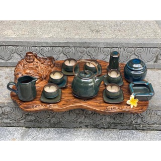 Bộ ấm chén hoả biến xanh rêu- 1 ấm 6 chén 7 đĩa
