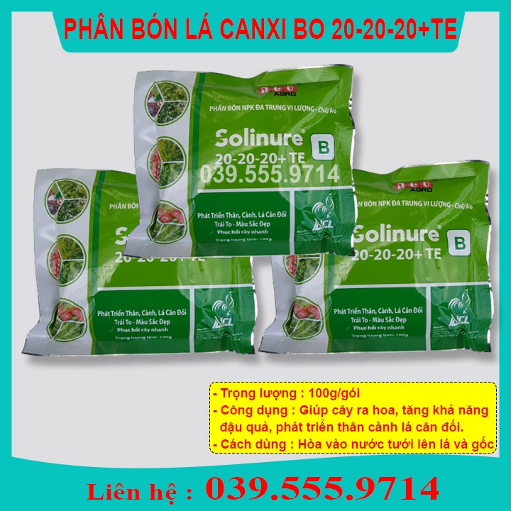 3 Gói Phân bón lá Canxi Bo 20-20-20 TE (100g) - Phục hồi cây, phát triển thân cành lá, trái to màu sắc đẹp