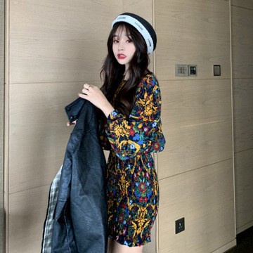 Đầm Hoa Tay Phồng Ôm Eo Thời Trang Retro Cho Nữ