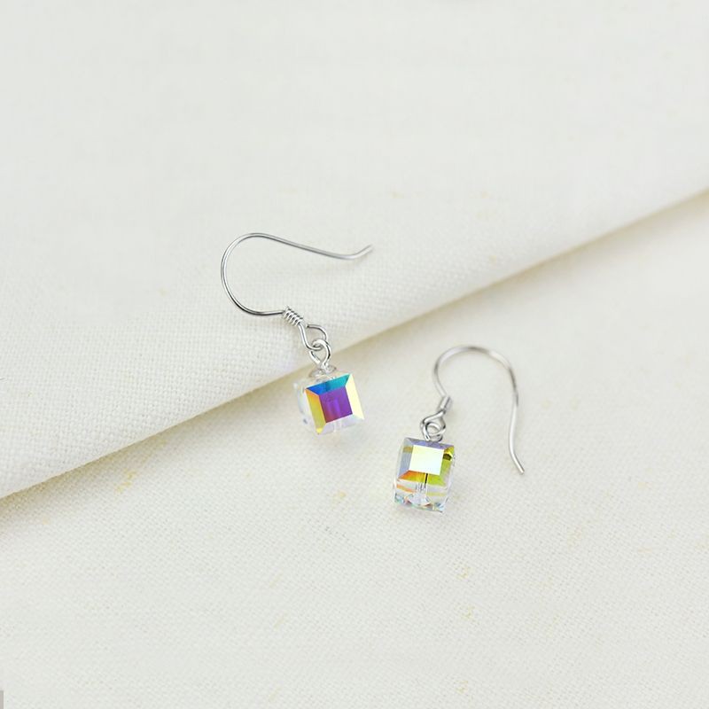 Bông tai bạc nữ đá pha lê lấp lánh 7 sắc cầu vòng DaLiA Jewelry khuyên tai bạc đá hộp chuẩn bạc 925