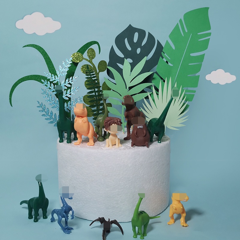 Set 13 Phụ Kiện Trang Trí Bánh Kem Hình Khủng Long Lá Cọ Xanh Nhiệt Đới