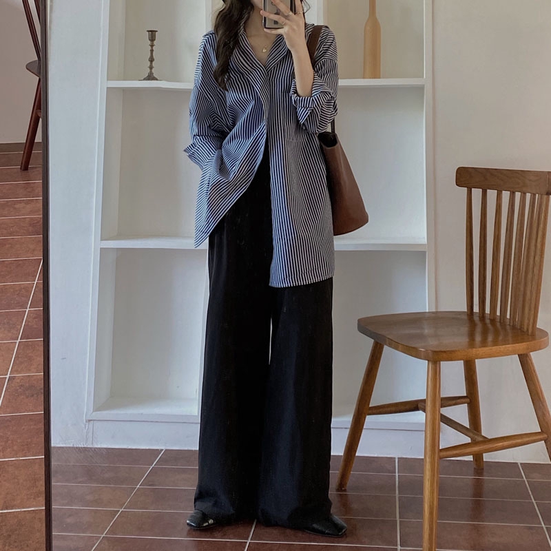 SUXI Áo Sơ Mi Nữ Tay Dài Dáng Rộng Kẻ Sọc Phong Cách Hàn Quốc