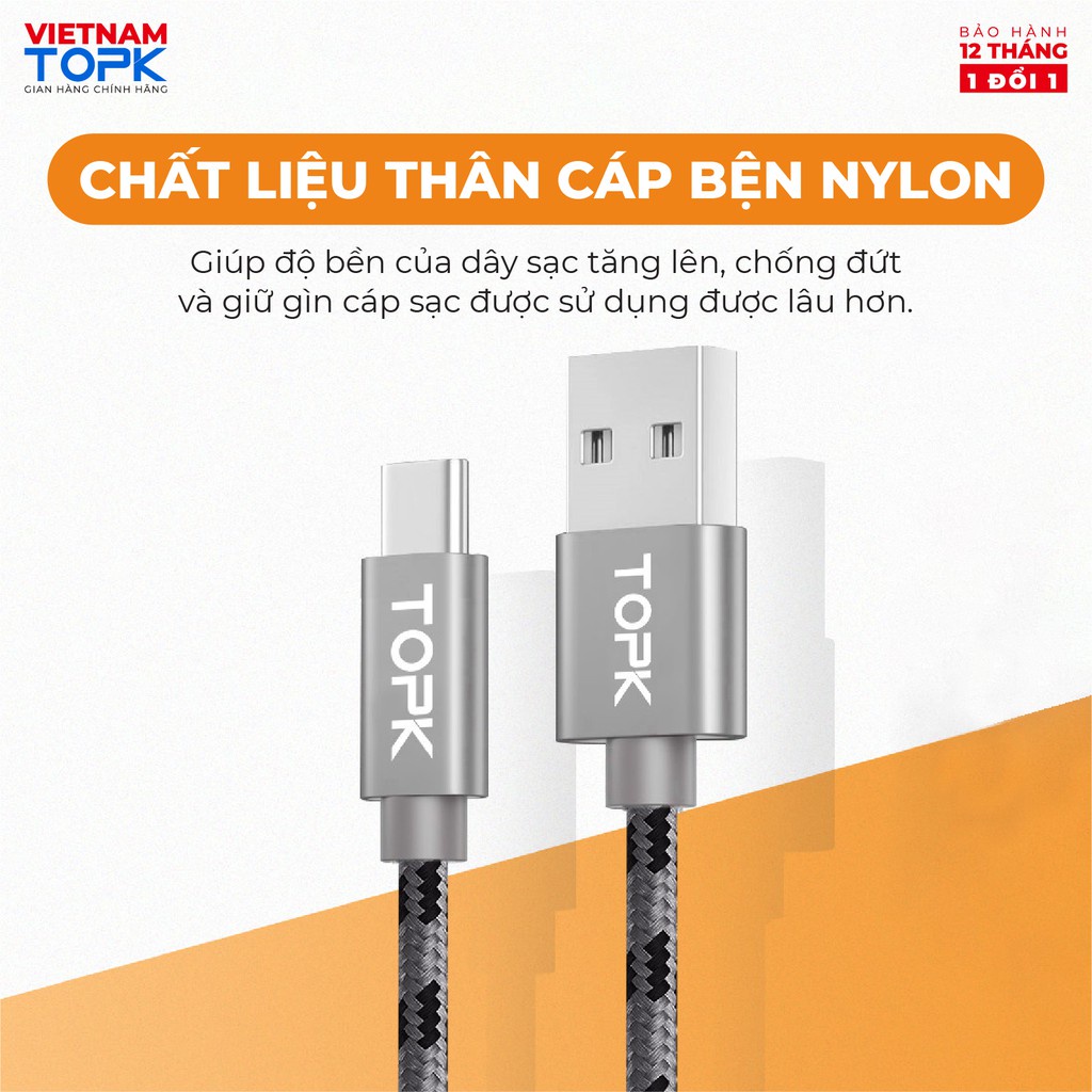 Dây sạc nhanh 3A TOPK AN09 vỏ bện nylon dài 1m - Hàng chính hãng Bảo hành 12 tháng