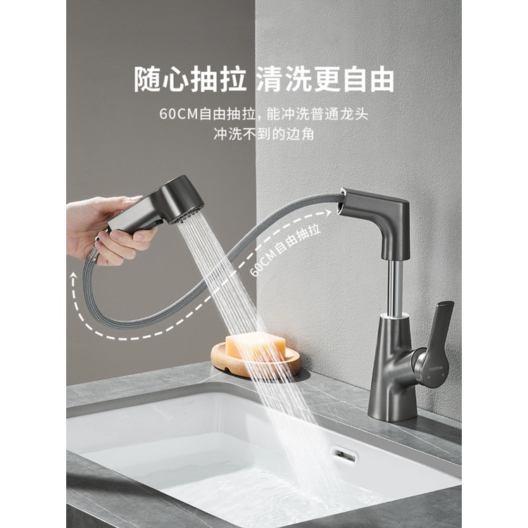 Vòi Nước Bồn Rửa Mặt Màu Xám Có Thể Nâng Lên Chống Văng Nước Nóng Và Lạnh