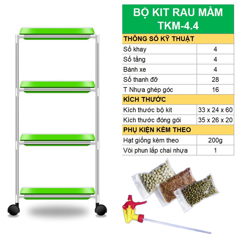 Bộ kit Khay trồng rau mầm thủy canh chuyên dụng - 5 Khay, Giá đỡ 5 tầng, Vòi xịt, Hạt giống