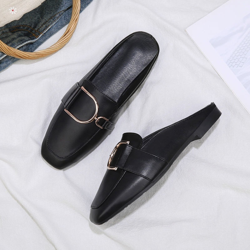 Dép bít mũi đế bằng phối khóa kim loại phong cách Âu Mỹ thời trang mùa xuân 2021 cho nữ