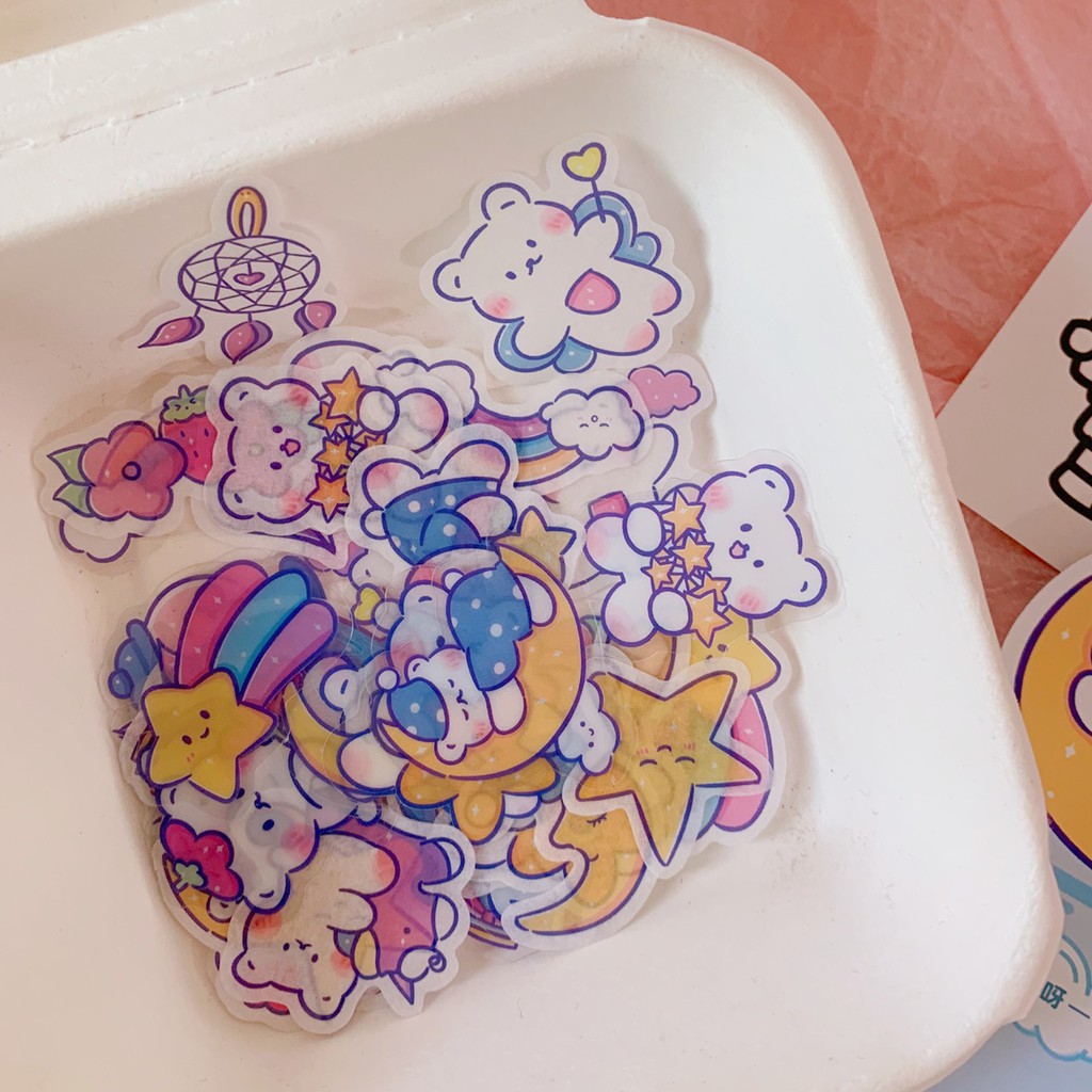 Sticker Mini Gói 40 Cái Dán Sổ Trang Trí Hình Gấu Đáng Yêu Theme Hồng Tím