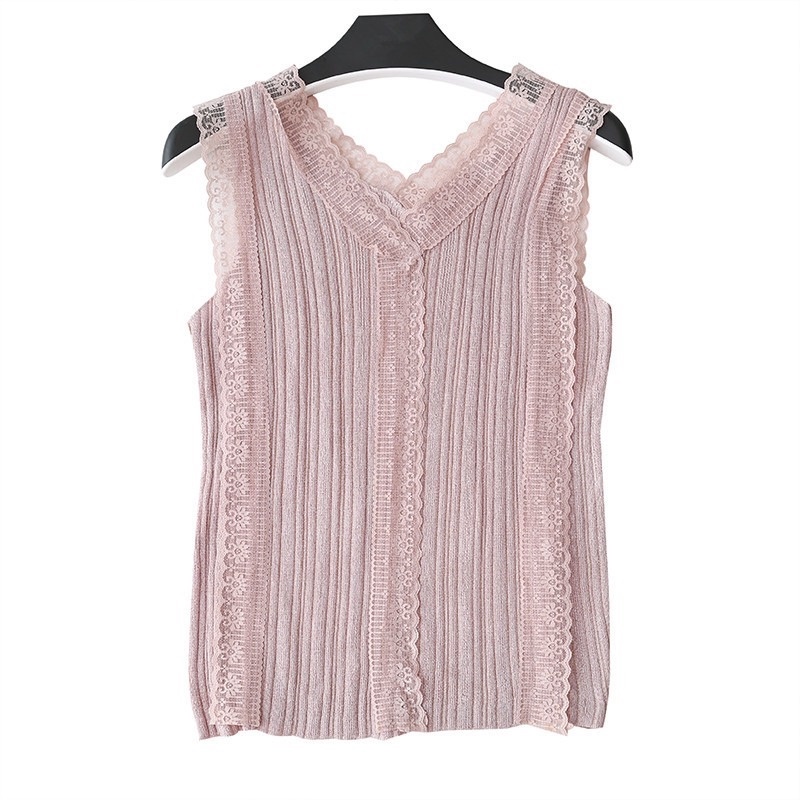Áo dệt kim không tay cổ chữ V phối ren thời trang dành cho nữ | BigBuy360 - bigbuy360.vn