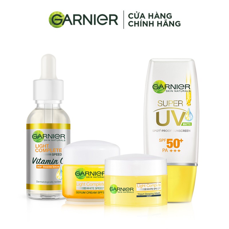 Bộ sản phẩm 3 bước dưỡng sáng da và bảo vệ da toàn diện ngày và đêm Garnier Light Complete