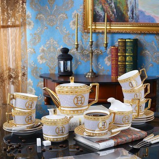 Bộ Ấm Trà , Cafe Hermes Sứ Xương Cao Cấp Hoạ Tiết Kim Sa Mạ Vàng Sang Trọng