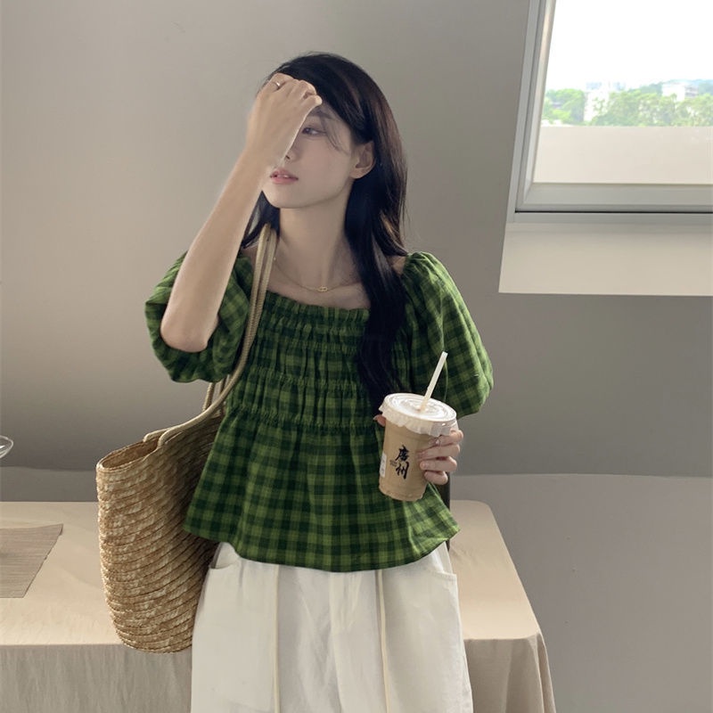 Áo Sơ Mi Tay Ngắn Phồng Họa Tiết Sọc Caro Thời Trang Mùa Hè 2022 Phong Cách Hàn Quốc Cho Nữ
