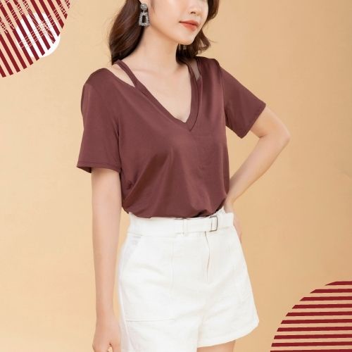 Áo Thun Nữ Hàng Thiết Kế Cổ Tim, Tay Ngắn Thời Trang, Trẻ Trung, Năng Động