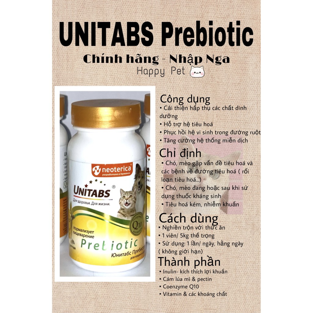 Men tiêu hoá Unitabs bổ sung prebiotic cho chó mèo nhập Nga