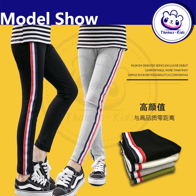 Quần legging Cotton co giãn màu trơn kẻ sọc thời trang cho bé gái 4-16 tuổi